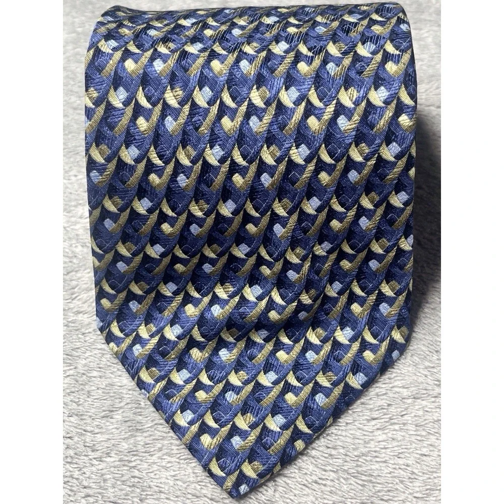 Ermenegildo Zegna‎ Silk Tie Blue Gold Geometric Woven Made in Italy Mens Necktie